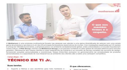 Oportunidade para Técnico em TI Jr. Unidade Campo Alegre